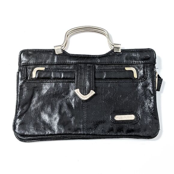 VINTAGE Black Leather Metal Handle Handbag - Picture 1 of 8